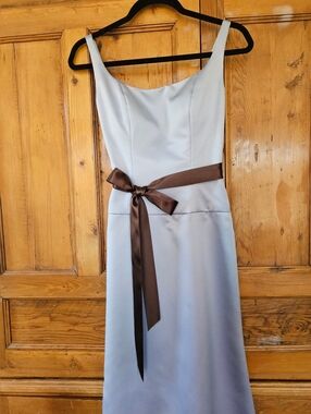 Elegant Jim Hjelm Light Blue Satin Dress with Brown Satin Sash Detail